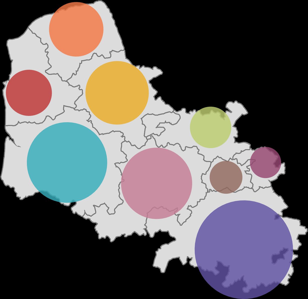 Carte du Pas-de-Calais, ses territoires en bulles colorées